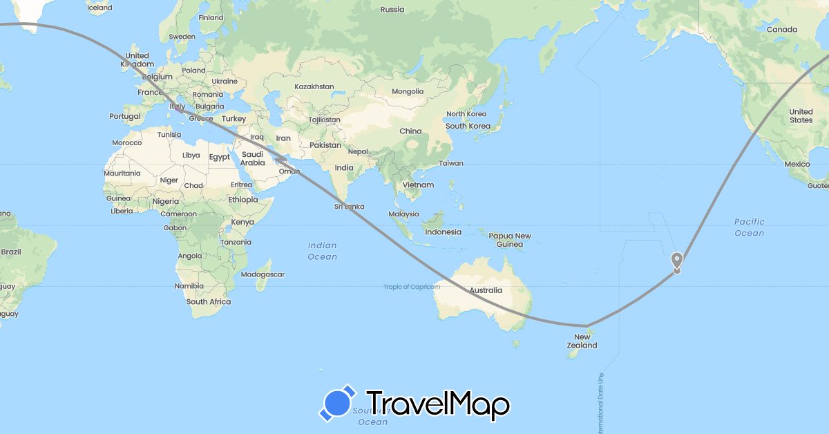 TravelMap itinerary: driving, bus, plane, train in United Arab Emirates, Australia, France, Italy, Lebanon, New Zealand, French Polynesia, Qatar (Asia, Europe, Oceania)